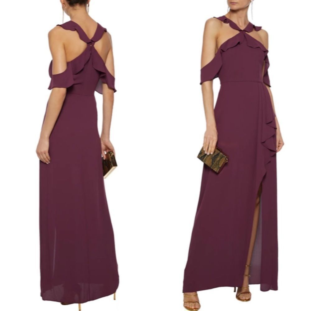 BCBGMAXAZRIA Sleeveless Cold-Shoulder Ruffle-Trimmed Maxi Dress Burgundy 2